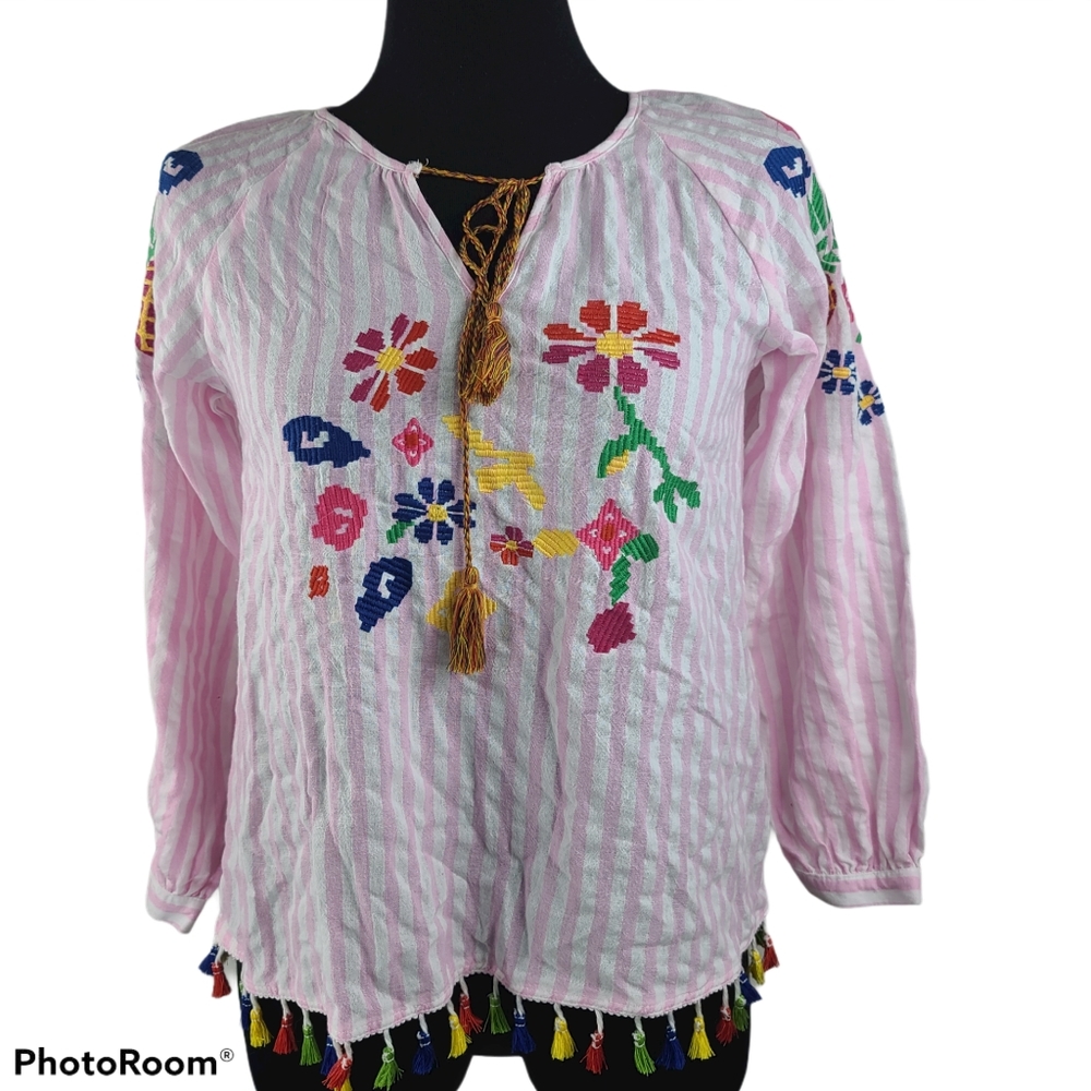 Passport Pink & White Embroidered Boho Top M